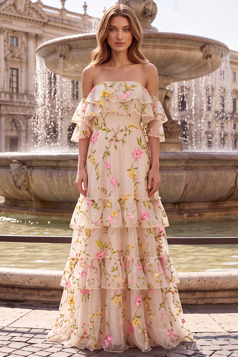 Laden Sie das Bild in den Galerie-Viewer, Florales Champagner-Off-the-Shoulder-A-Linie, gerüschtes langes Abschlussballkleid