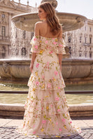 Laden Sie das Bild in den Galerie-Viewer, Florales Champagner-Off-the-Shoulder-A-Linie, gerüschtes langes Abschlussballkleid