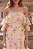 Laden Sie das Bild in den Galerie-Viewer, Florales Champagner-Off-the-Shoulder-A-Linie, gerüschtes langes Abschlussballkleid