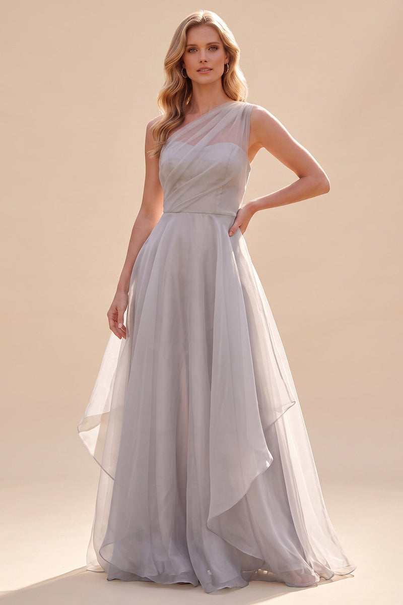 Laden Sie das Bild in den Galerie-Viewer, Graues Einschulter-A-Linien-Organza Langes Mutter-der-Braut-Kleid