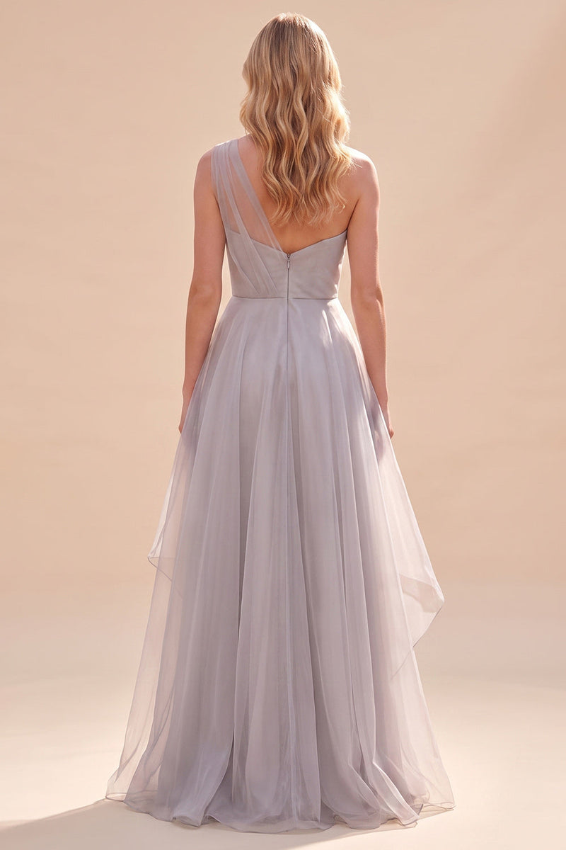 Laden Sie das Bild in den Galerie-Viewer, Graues Einschulter-A-Linien-Organza Langes Mutter-der-Braut-Kleid