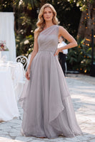 Laden Sie das Bild in den Galerie-Viewer, Graues Einschulter-A-Linien-Organza Langes Mutter-der-Braut-Kleid