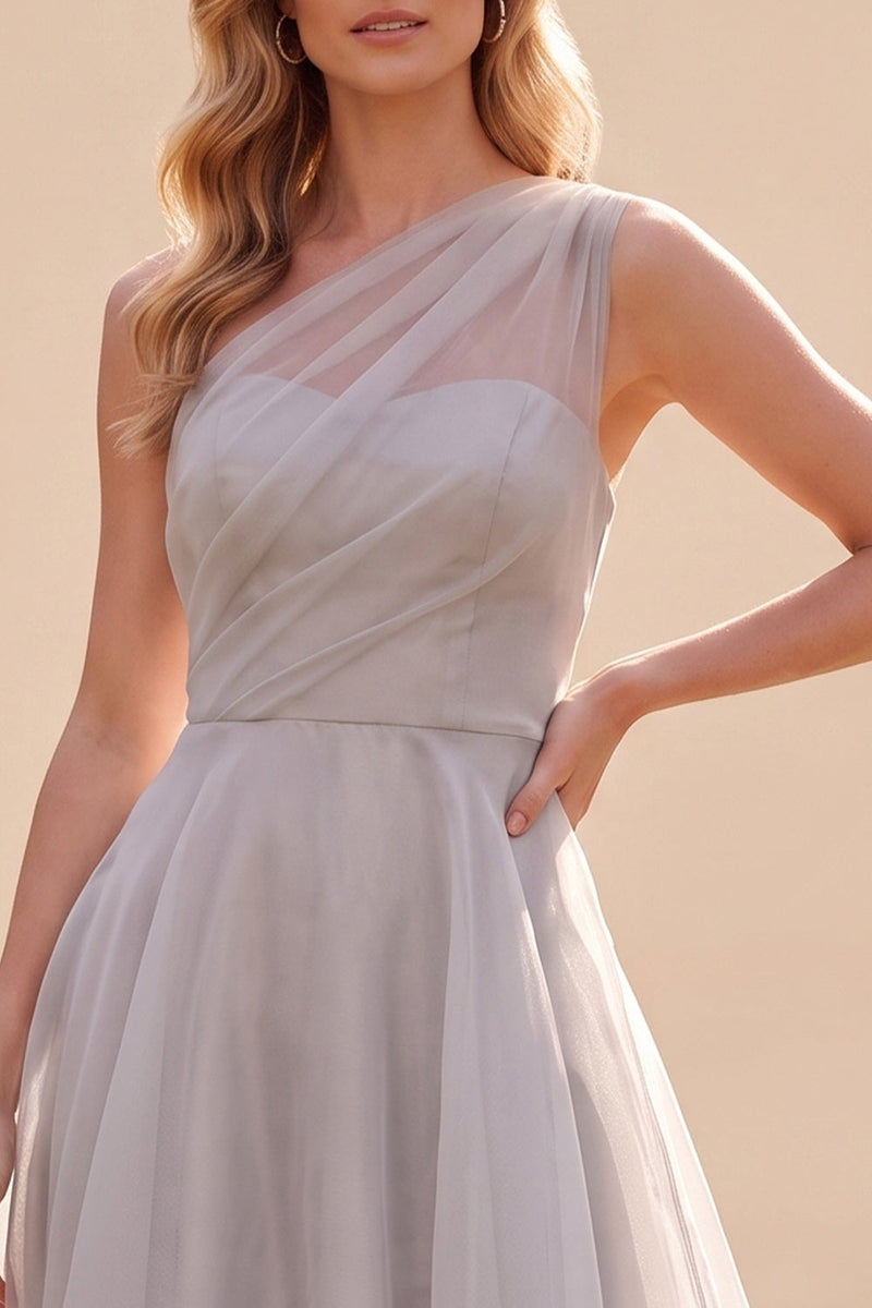 Laden Sie das Bild in den Galerie-Viewer, Graues Einschulter-A-Linien-Organza Langes Mutter-der-Braut-Kleid