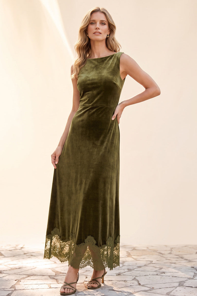 Laden Sie das Bild in den Galerie-Viewer, Olive Velvet A-Line Bateau Langzeitskleid mit Spitze