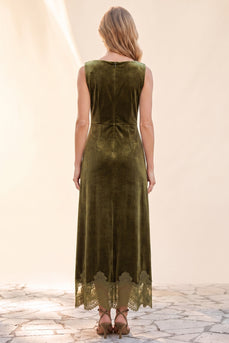Olive Samt A-Line Bateau Langes Hochzeitsgastkleid mit Spitze