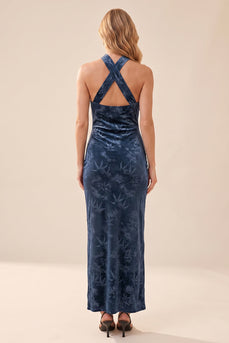 Marineblaues Halter Samt Langes Hochzeitsgastkleid