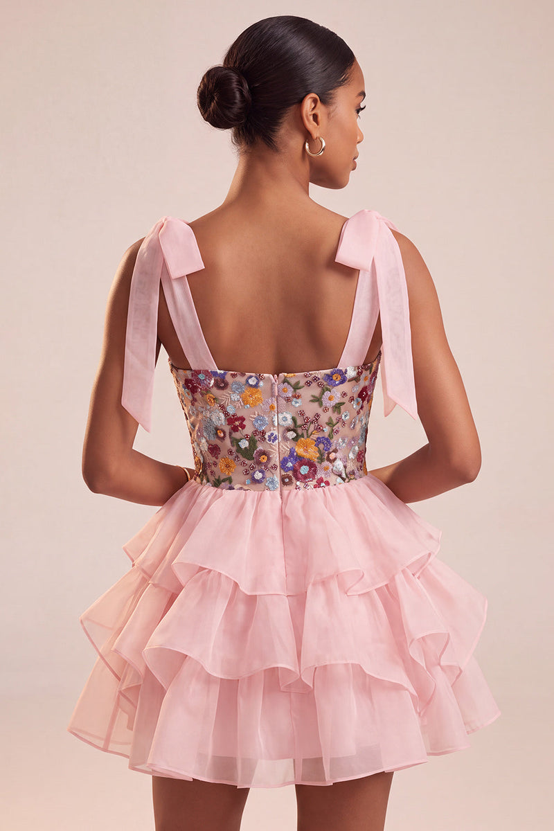 Laden Sie das Bild in den Galerie-Viewer, Rosa A-Linie Korsett Krawattenriemen Gestuftes Rüschen Kurzes Abendkleid