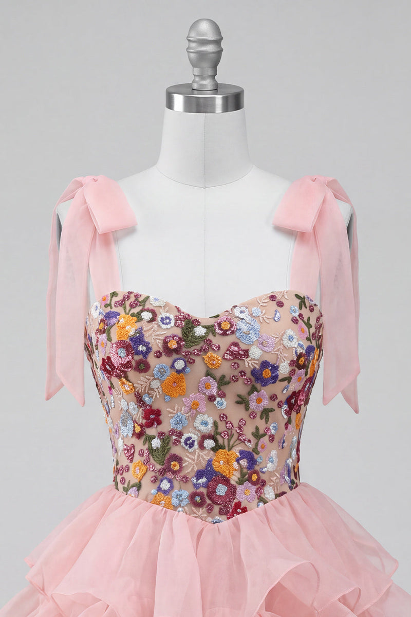 Laden Sie das Bild in den Galerie-Viewer, Rosa A-Linie Korsett Krawattenriemen Gestuftes Rüschen Kurzes Abendkleid