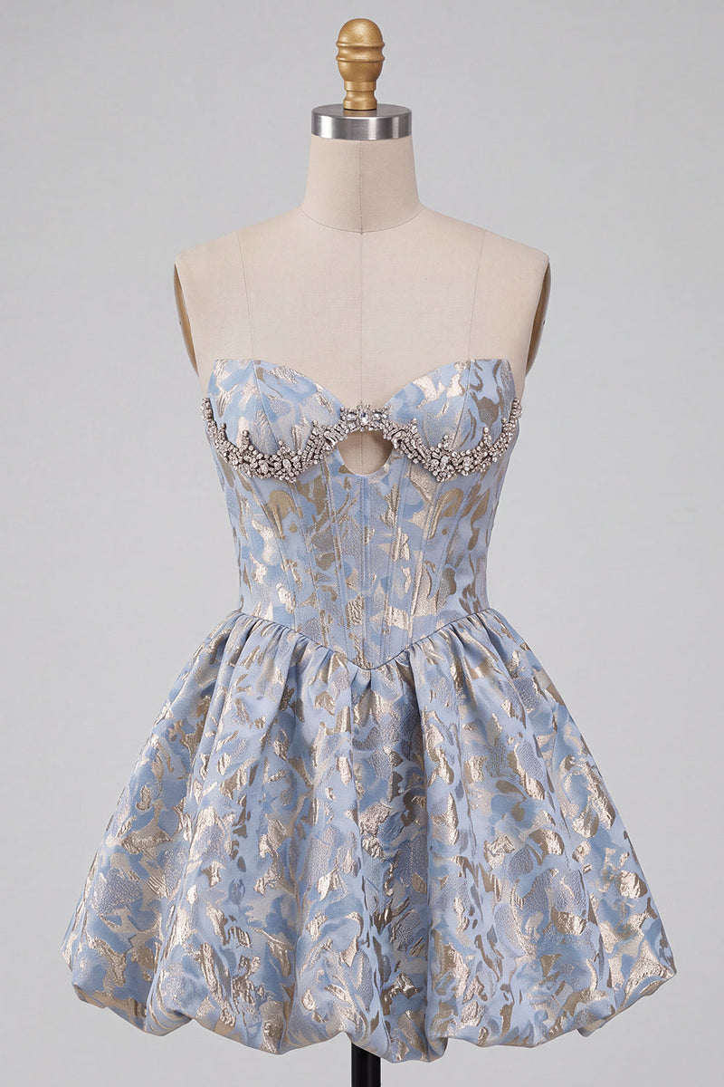 Laden Sie das Bild in den Galerie-Viewer, Hellblaues Korsett Sweetheart Kurzes Abendkleid mit Strass