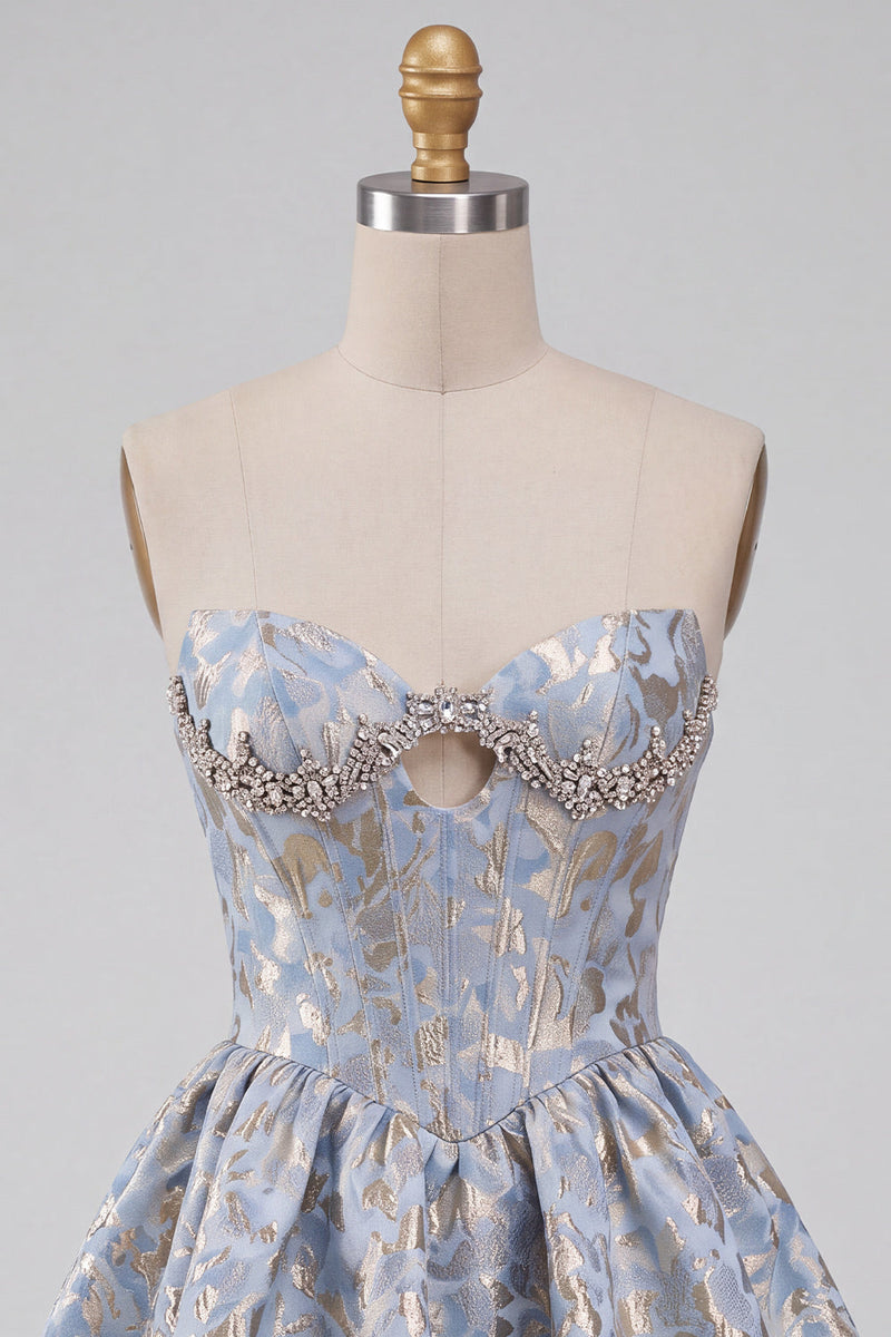 Laden Sie das Bild in den Galerie-Viewer, Hellblaues Korsett Sweetheart Kurzes Abendkleid mit Strass