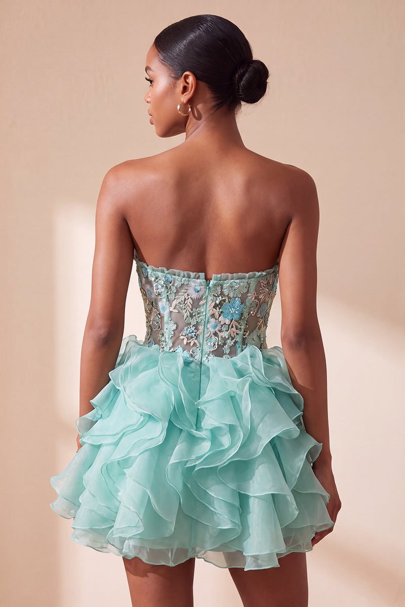 Laden Sie das Bild in den Galerie-Viewer, Mintgrünes Korsett Trägerloses Gestuftes Rüschen Kurzes Abendkleid mit Stickerei