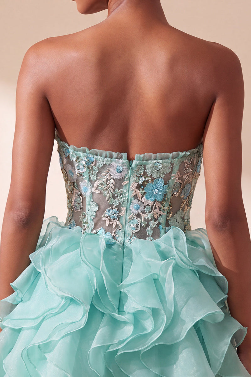 Laden Sie das Bild in den Galerie-Viewer, Mintgrünes Korsett Trägerloses Gestuftes Rüschen Kurzes Abendkleid mit Stickerei