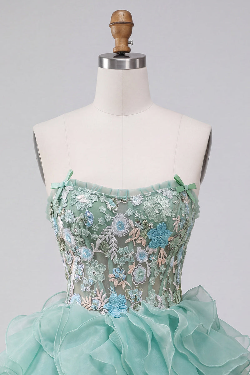 Laden Sie das Bild in den Galerie-Viewer, Mintgrünes Korsett Trägerloses Gestuftes Rüschen Kurzes Abendkleid mit Stickerei