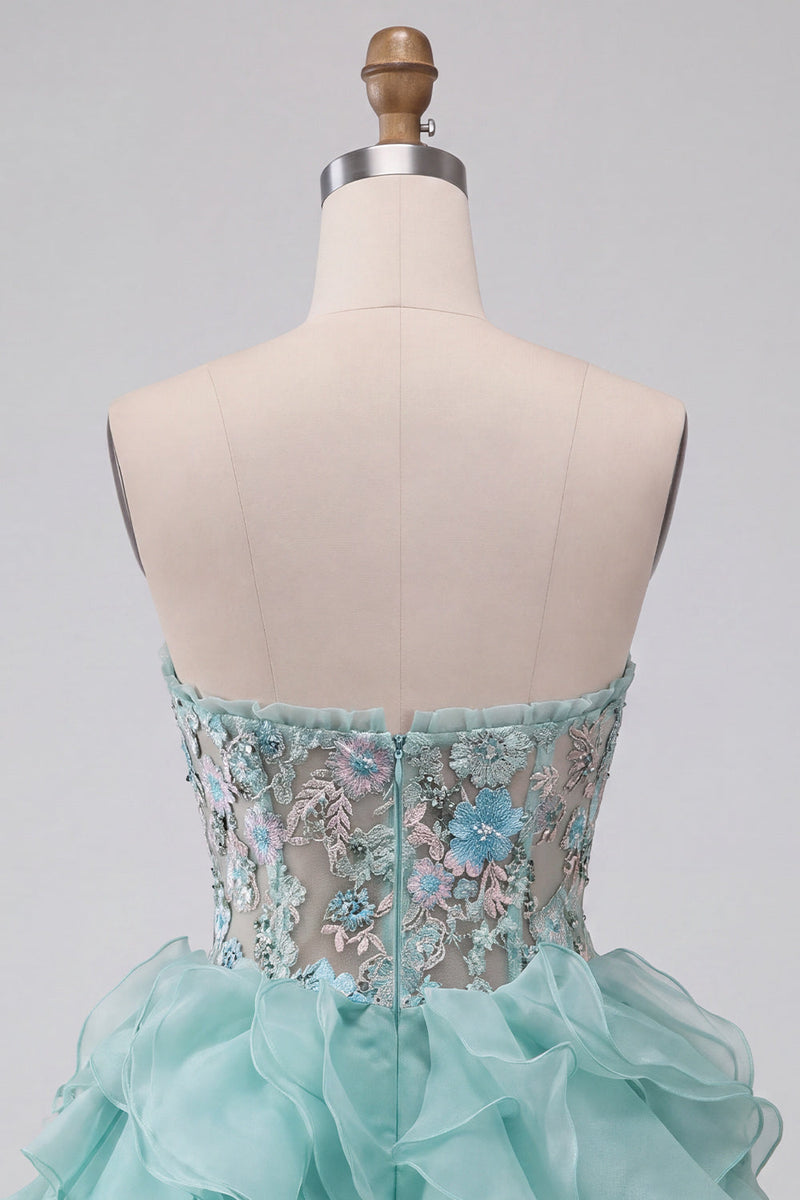Laden Sie das Bild in den Galerie-Viewer, Mintgrünes Korsett Trägerloses Gestuftes Rüschen Kurzes Abendkleid mit Stickerei