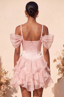 Laden Sie das Bild in den Galerie-Viewer, Rosa Korsett Kalte Schulter Kurzes Abendkleid mit Rüschensaum