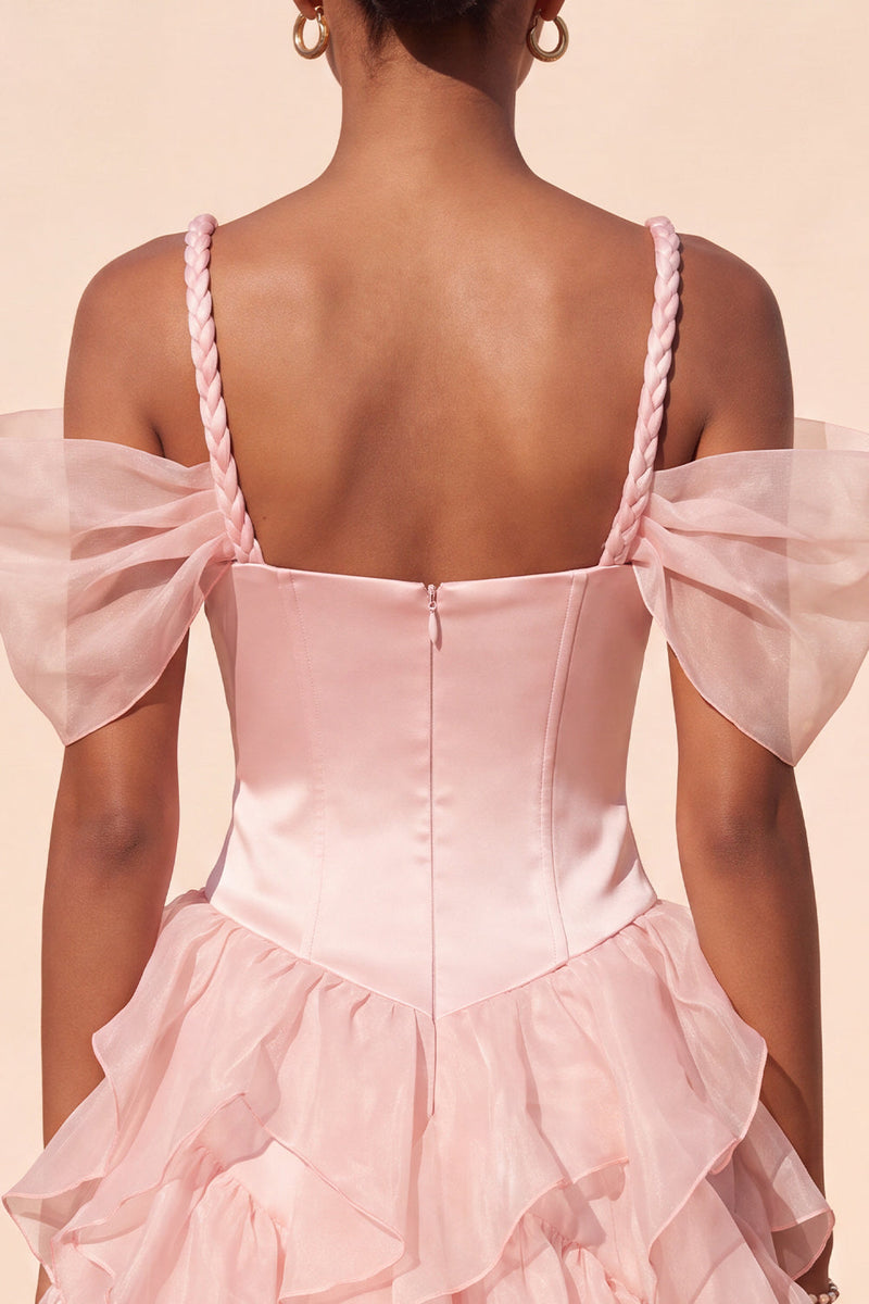 Laden Sie das Bild in den Galerie-Viewer, Rosa Korsett Kalte Schulter Kurzes Abendkleid mit Rüschensaum