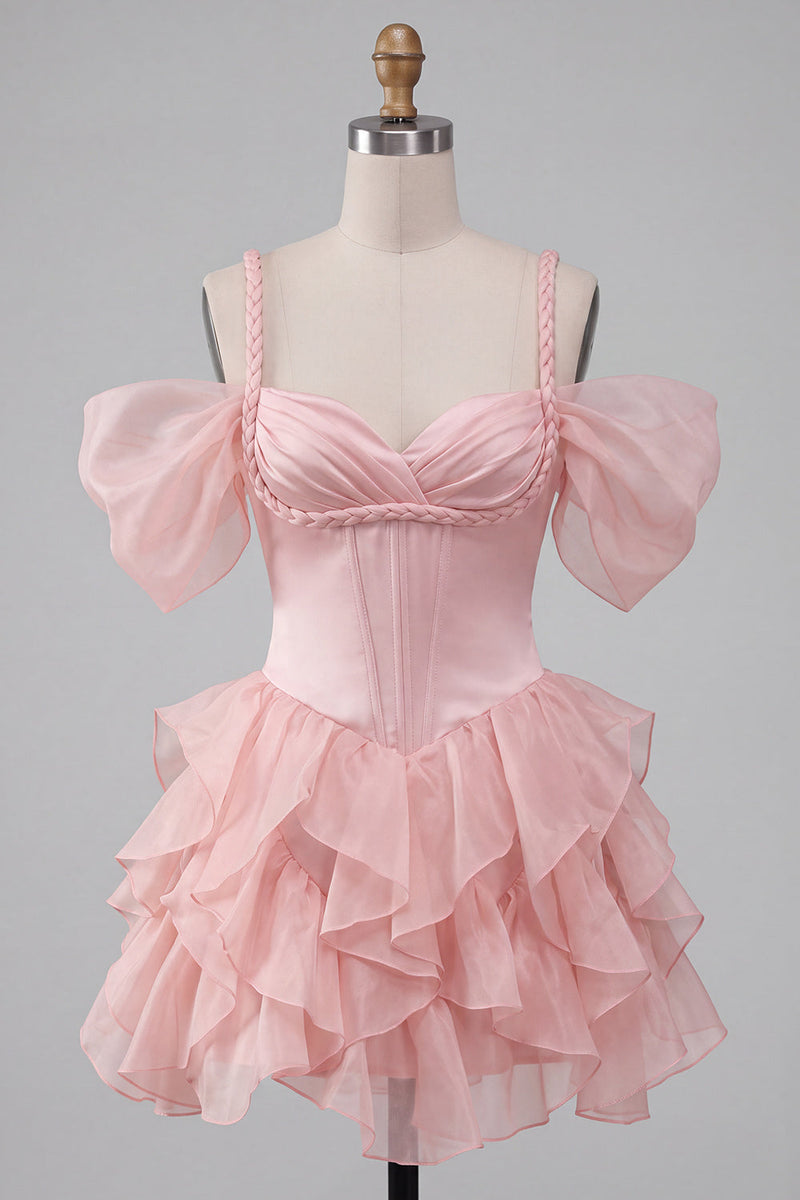 Laden Sie das Bild in den Galerie-Viewer, Rosa Korsett Kalte Schulter Kurzes Abendkleid mit Rüschensaum