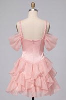 Laden Sie das Bild in den Galerie-Viewer, Rosa Korsett Kalte Schulter Kurzes Abendkleid mit Rüschensaum