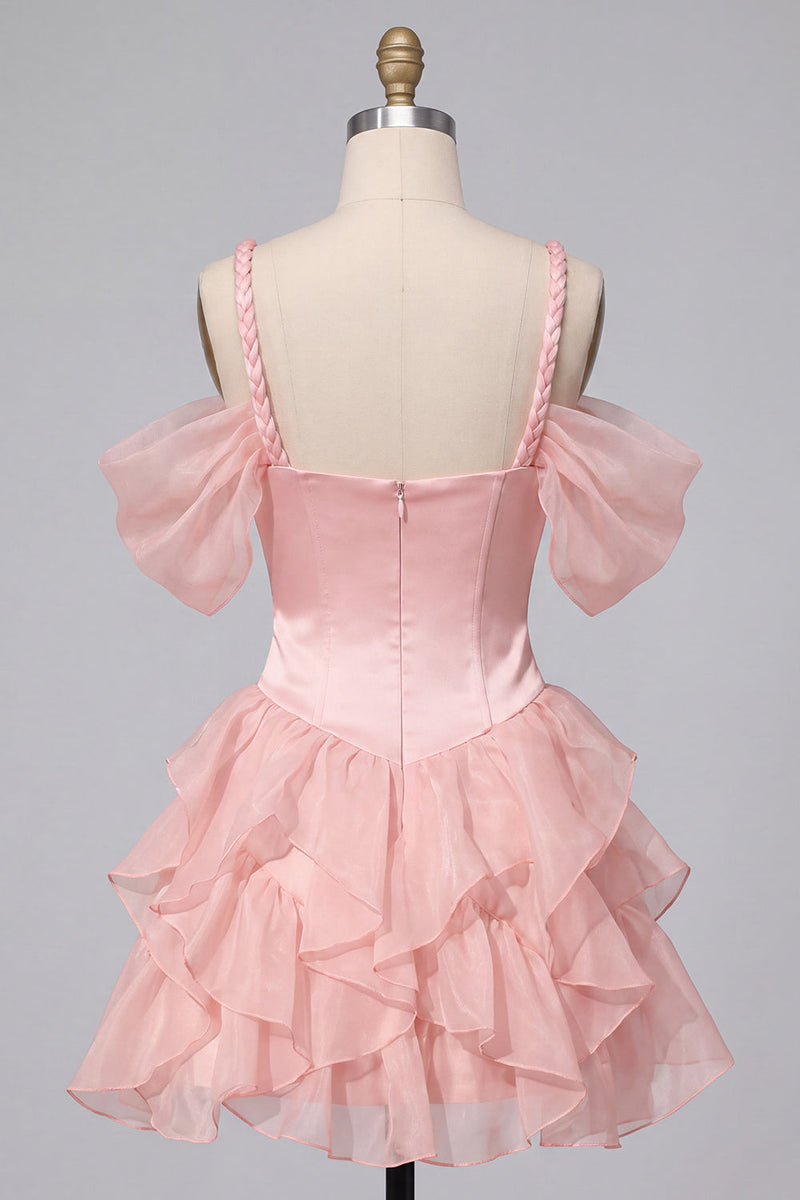Laden Sie das Bild in den Galerie-Viewer, Rosa Korsett Kalte Schulter Kurzes Abendkleid mit Rüschensaum
