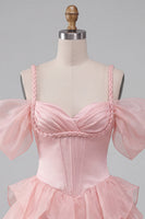 Laden Sie das Bild in den Galerie-Viewer, Rosa Korsett Kalte Schulter Kurzes Abendkleid mit Rüschensaum