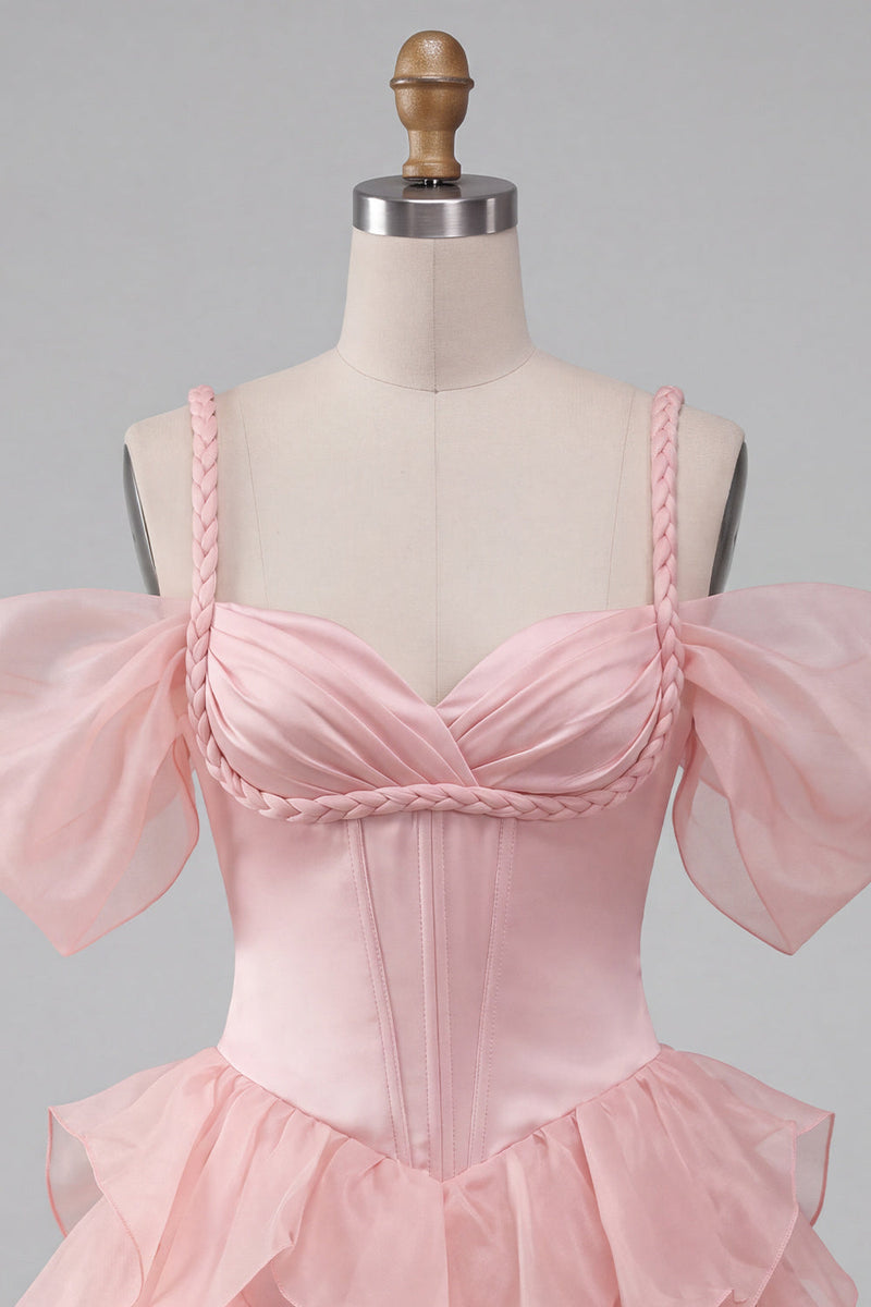 Laden Sie das Bild in den Galerie-Viewer, Rosa Korsett Kalte Schulter Kurzes Abendkleid mit Rüschensaum