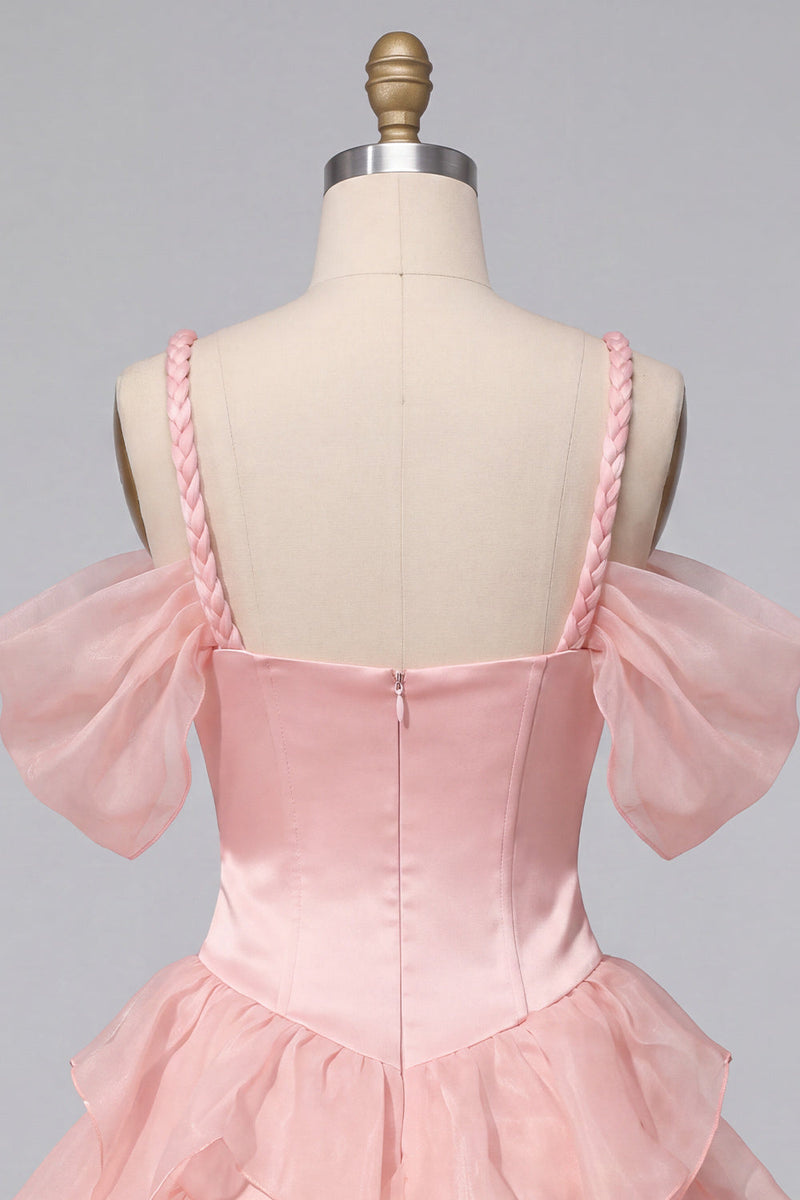 Laden Sie das Bild in den Galerie-Viewer, Rosa Korsett Kalte Schulter Kurzes Abendkleid mit Rüschensaum