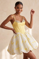 Laden Sie das Bild in den Galerie-Viewer, Gelbes A-Linie Korsett Sweetheart Bubble Saum Kurzes Abendkleid mit Strasssteinen