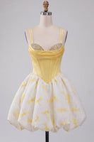 Laden Sie das Bild in den Galerie-Viewer, Gelbes A-Linie Korsett Sweetheart Bubble Saum Kurzes Abendkleid mit Strasssteinen