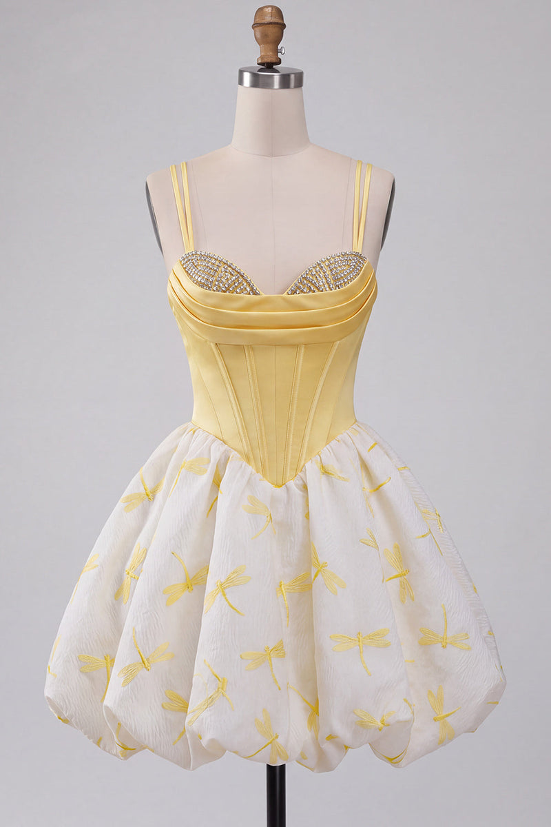 Laden Sie das Bild in den Galerie-Viewer, Gelbes A-Linie Korsett Sweetheart Bubble Saum Kurzes Abendkleid mit Strasssteinen