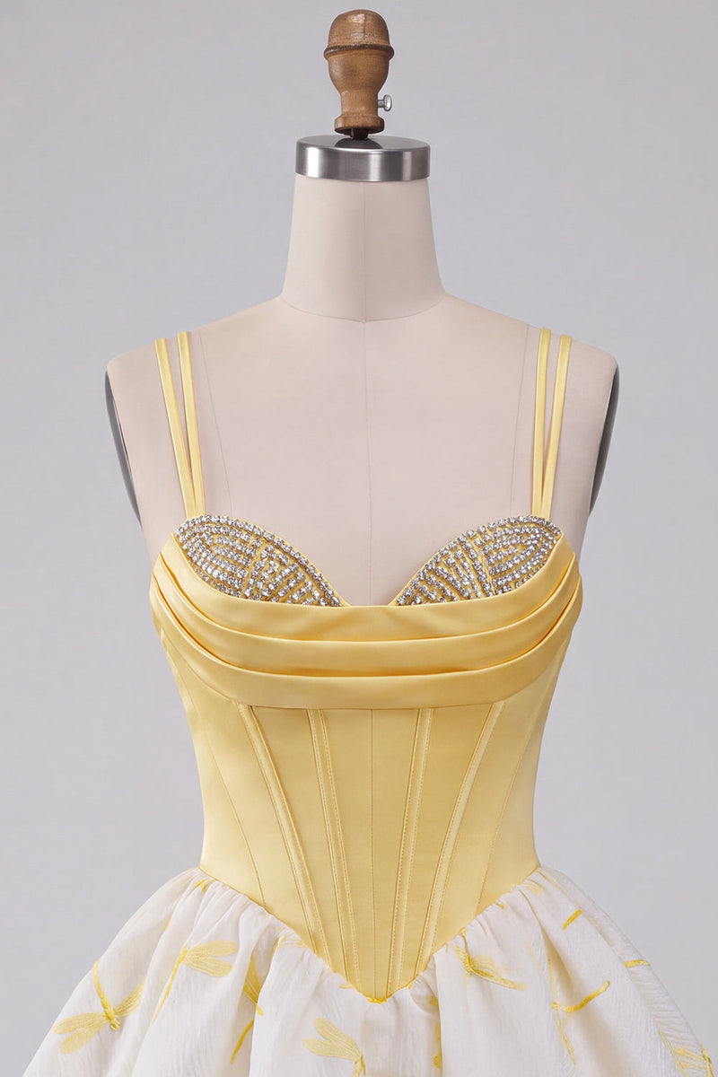 Laden Sie das Bild in den Galerie-Viewer, Gelbes A-Linie Korsett Sweetheart Bubble Saum Kurzes Abendkleid mit Strasssteinen