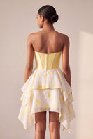Laden Sie das Bild in den Galerie-Viewer, Gelbes A-Linie Korsett Sweetheart Bedrucktes High-Low Kurzes Abendkleid mit Strasssteinen