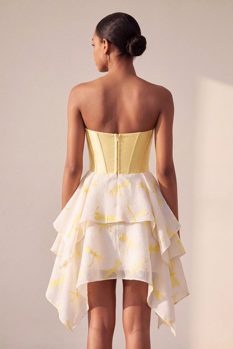 Laden Sie das Bild in den Galerie-Viewer, Gelbes A-Linie Korsett Sweetheart Bedrucktes High-Low Kurzes Abendkleid mit Strasssteinen