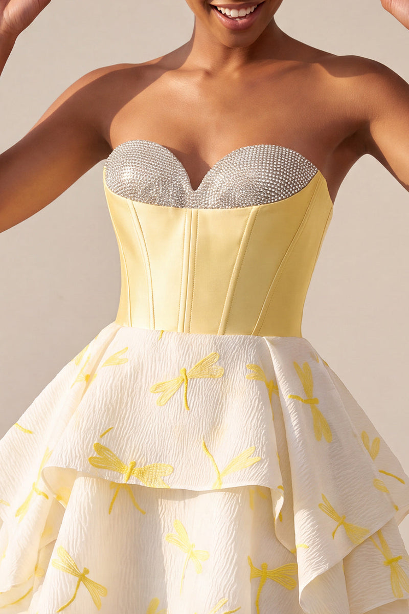 Laden Sie das Bild in den Galerie-Viewer, Gelbes A-Linie Korsett Sweetheart Bedrucktes High-Low Kurzes Abendkleid mit Strasssteinen