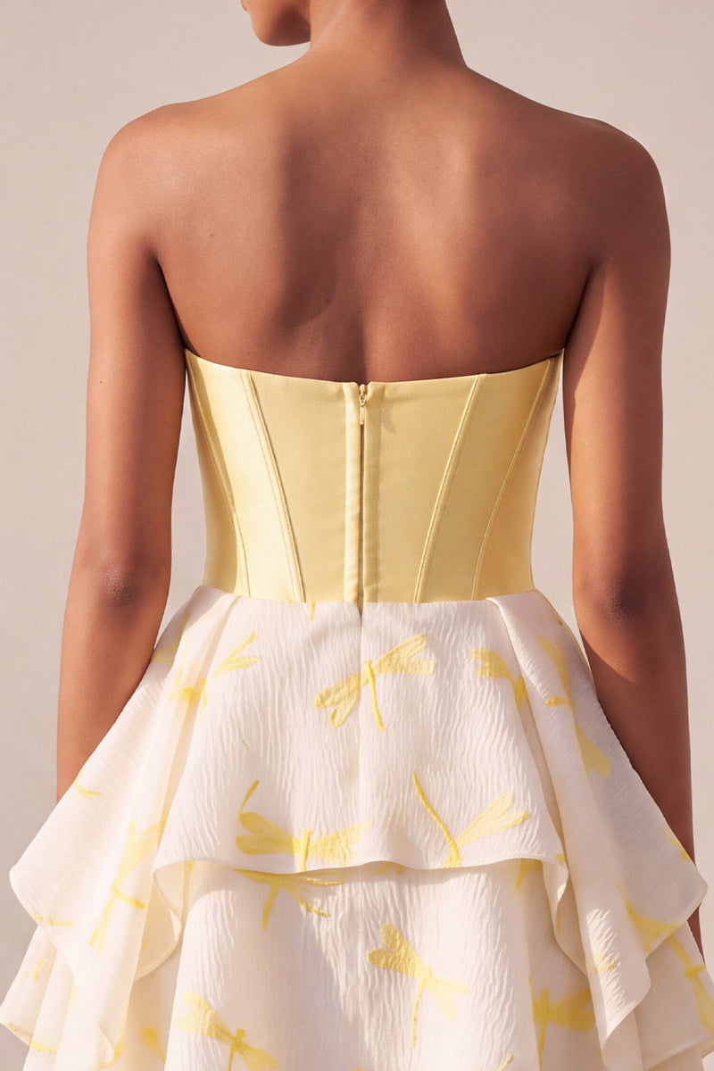 Laden Sie das Bild in den Galerie-Viewer, Gelbes A-Linie Korsett Sweetheart Bedrucktes High-Low Kurzes Abendkleid mit Strasssteinen