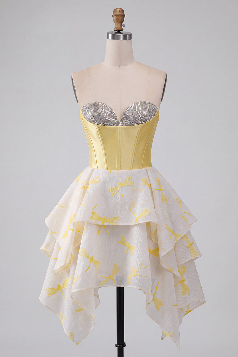 Laden Sie das Bild in den Galerie-Viewer, Gelbes A-Linie Korsett Sweetheart Bedrucktes High-Low Kurzes Abendkleid mit Strasssteinen