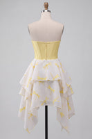 Laden Sie das Bild in den Galerie-Viewer, Gelbes A-Linie Korsett Sweetheart Bedrucktes High-Low Kurzes Abendkleid mit Strasssteinen