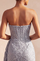 Laden Sie das Bild in den Galerie-Viewer, Graublaues Korsett Bodycon Trägerloses Gerafftes Kurzes Abendkleid mit Seitenschnecke