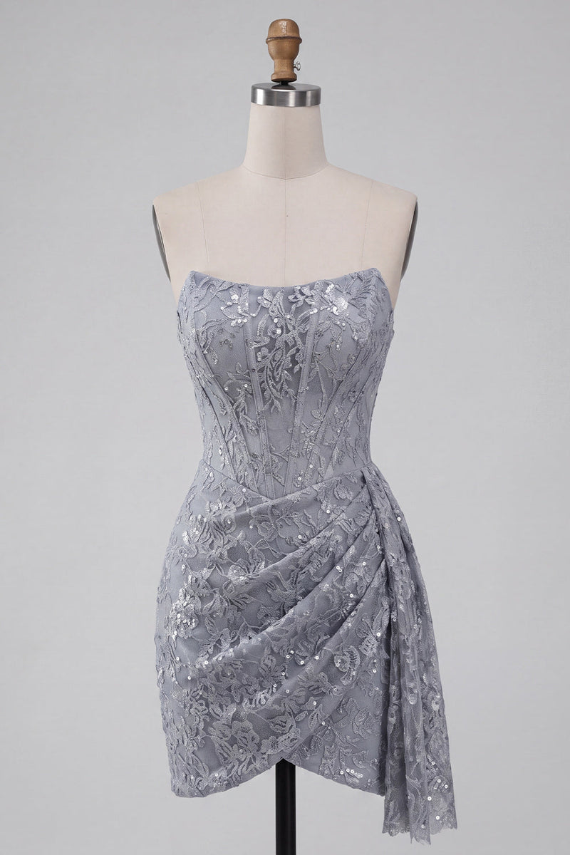 Laden Sie das Bild in den Galerie-Viewer, Graublaues Korsett Bodycon Trägerloses Gerafftes Kurzes Abendkleid mit Seitenschnecke
