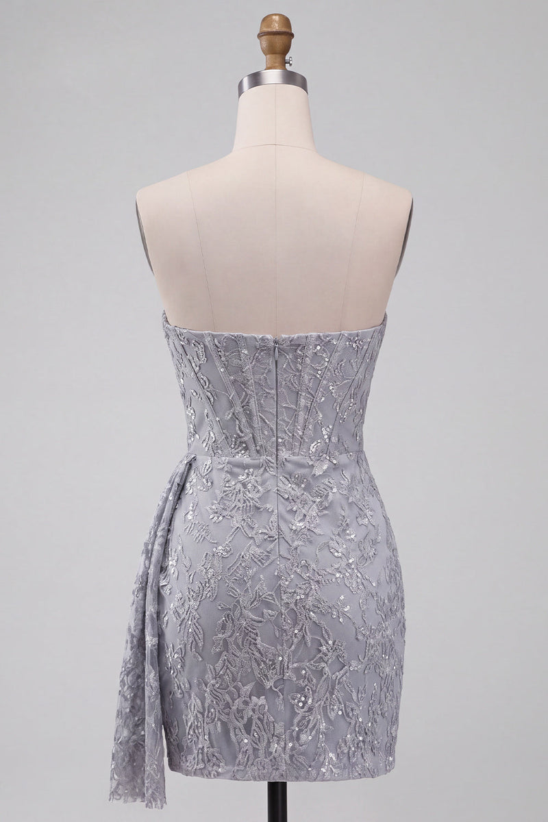 Laden Sie das Bild in den Galerie-Viewer, Graublaues Korsett Bodycon Trägerloses Gerafftes Kurzes Abendkleid mit Seitenschnecke