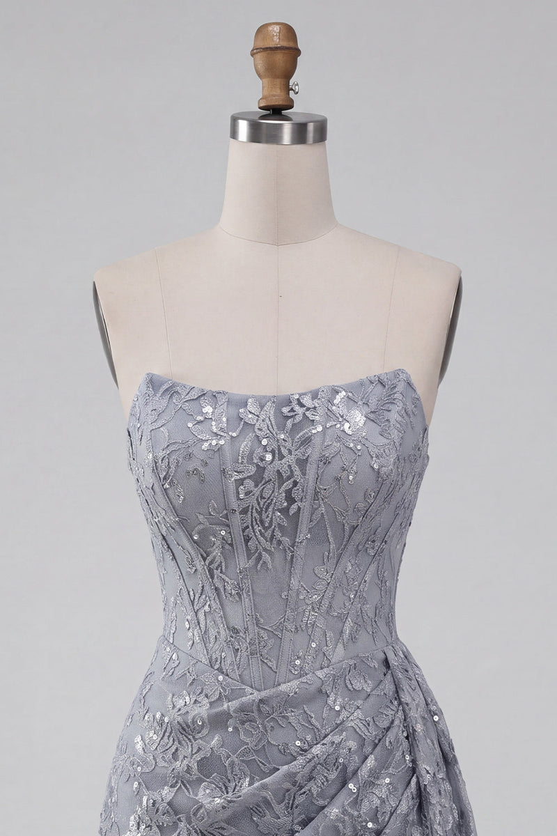 Laden Sie das Bild in den Galerie-Viewer, Graublaues Korsett Bodycon Trägerloses Gerafftes Kurzes Abendkleid mit Seitenschnecke