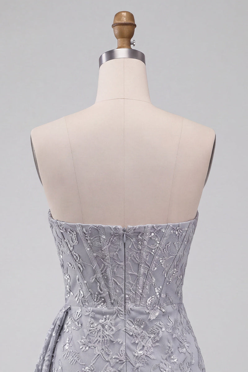 Laden Sie das Bild in den Galerie-Viewer, Graublaues Korsett Bodycon Trägerloses Gerafftes Kurzes Abendkleid mit Seitenschnecke