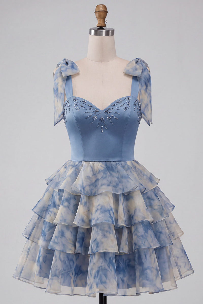 Laden Sie das Bild in den Galerie-Viewer, Graublaues A-Linie Sweetheart Gestuftes Rüschen Kurzes Abendkleid mit Schleifenriemen