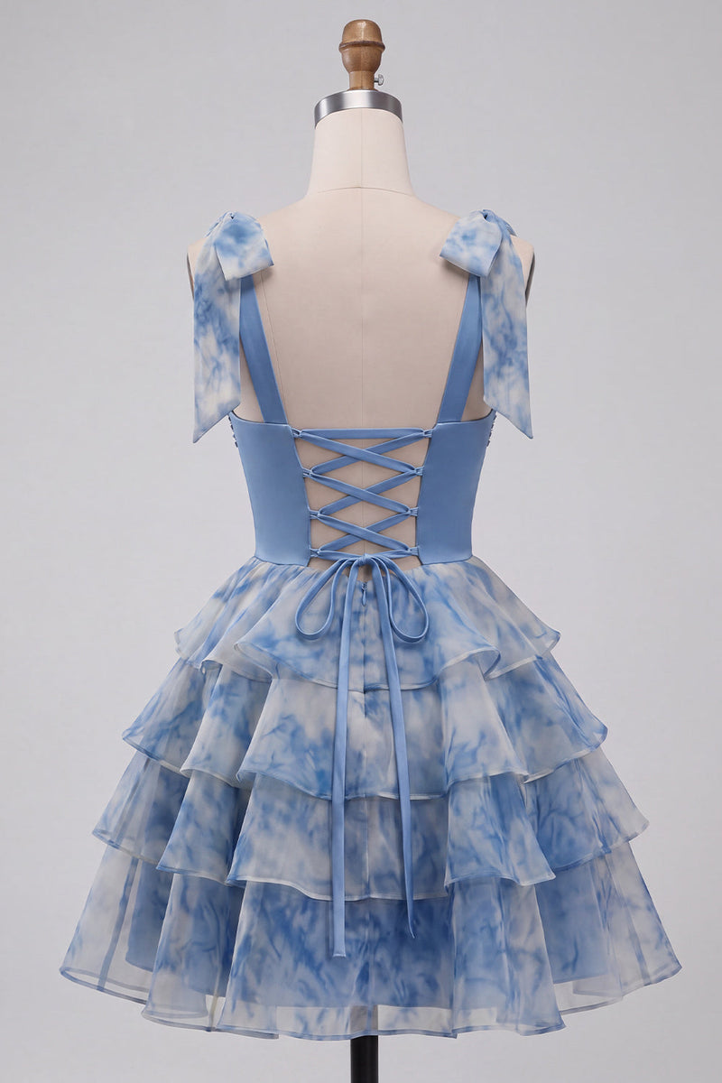 Laden Sie das Bild in den Galerie-Viewer, Graublaues A-Linie Sweetheart Gestuftes Rüschen Kurzes Abendkleid mit Schleifenriemen