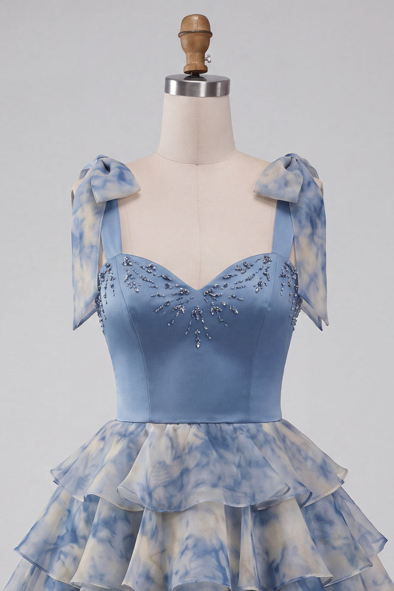 Laden Sie das Bild in den Galerie-Viewer, Graublaues A-Linie Sweetheart Gestuftes Rüschen Kurzes Abendkleid mit Schleifenriemen