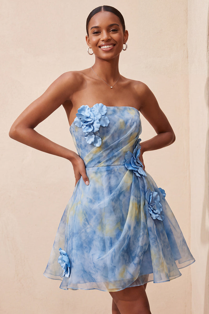 Laden Sie das Bild in den Galerie-Viewer, Graublaues Trägerloses A-Linie Kurzes Abendkleid mit 3D-Blumen