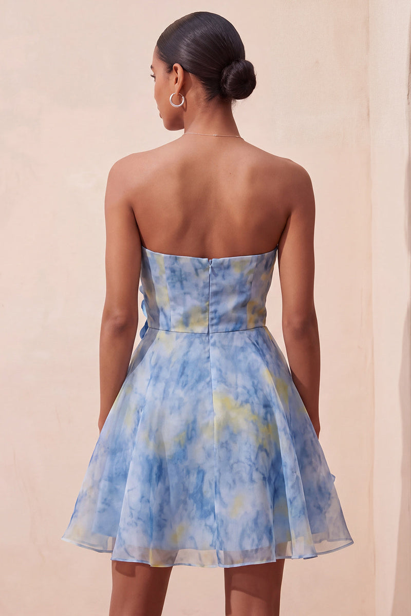 Laden Sie das Bild in den Galerie-Viewer, Graublaues Trägerloses A-Linie Kurzes Abendkleid mit 3D-Blumen