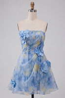 Laden Sie das Bild in den Galerie-Viewer, Graublaues Trägerloses A-Linie Kurzes Abendkleid mit 3D-Blumen