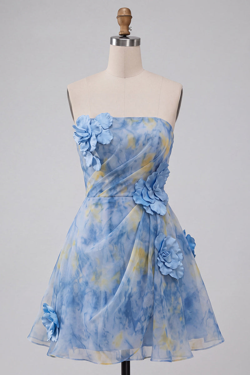 Laden Sie das Bild in den Galerie-Viewer, Graublaues Trägerloses A-Linie Kurzes Abendkleid mit 3D-Blumen