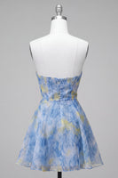 Laden Sie das Bild in den Galerie-Viewer, Graublaues Trägerloses A-Linie Kurzes Abendkleid mit 3D-Blumen