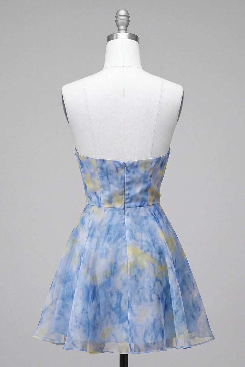 Laden Sie das Bild in den Galerie-Viewer, Graublaues Trägerloses A-Linie Kurzes Abendkleid mit 3D-Blumen